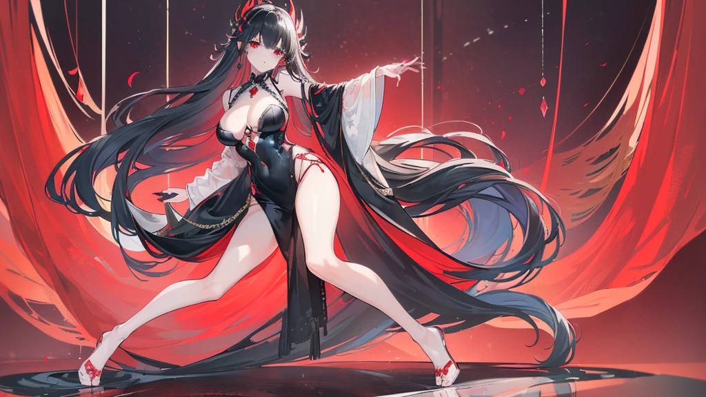 (Exquisite eyes),(Clear and beautiful eyes:1.61),masterpiece, ung girl,(Black clothes and some red gems), Black long hair, (She has a huge red gem on her chest), Good Hand,((The Havoc of StarCraft)),full-body shot,Fighting Stance,(Red Eyes:1.466),short and small,(Very big breasts:1.35),(Pretty Face),(full-body shot:1.33),Beautiful hands