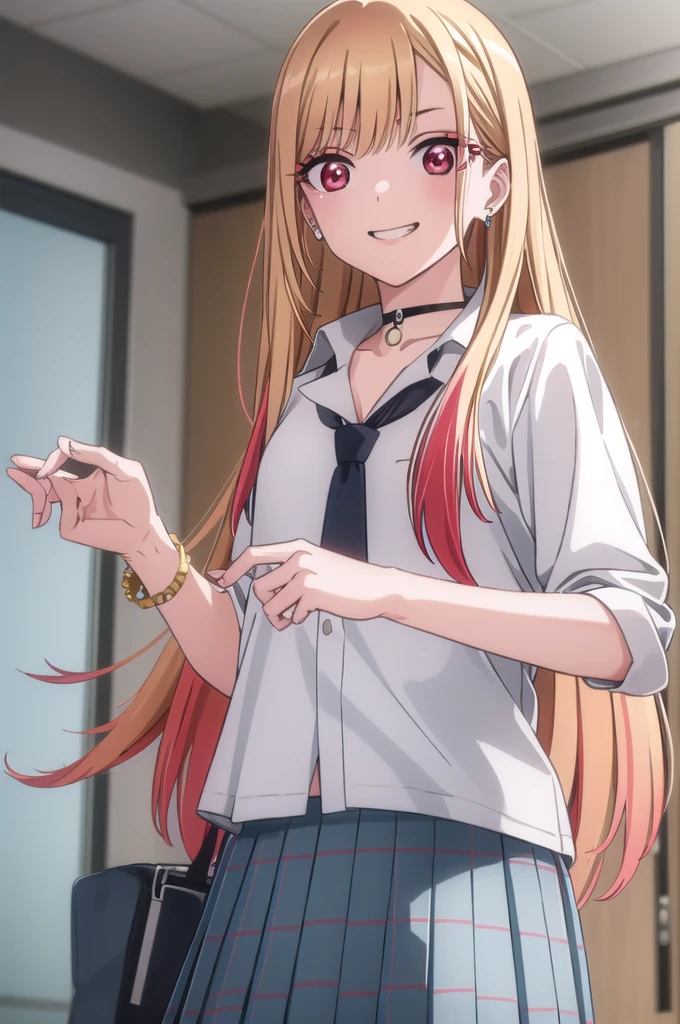 This passage, Marine Kitagawa, Long Hair, bangs, Blonde, (Red eyes:1.5), Multicolored Hair, smile, Grin,
break skirt, shirt, jewelry, , white shirt, Pleated skirt, Earrings, tie, choker, bracelet, Blue Skirt, Plaid, black choker, Plaid skirt,
break indoors, classroom,
break looking at viewer, (Cowboy Shot:1.5),
break (masterpiece:1.2), Highest quality, High resolution, unity 8k wallpaper, (figure:0.8), (Beautiful attention to detail:1.6), Highly detailed face, Perfect lighting, Highly detailed CG, (Perfect hands, Perfect Anatomy),
