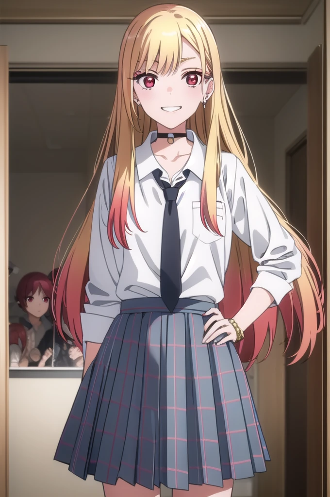 This passage, Marine Kitagawa, Long Hair, bangs, Blonde, (Red eyes:1.5), Multicolored Hair, smile, Grin,
break skirt, shirt, jewelry, , white shirt, Pleated skirt, Earrings, tie, choker, bracelet, Blue Skirt, Plaid, black choker, Plaid skirt,
break indoors, classroom,
break looking at viewer, (Cowboy Shot:1.5),
break (masterpiece:1.2), Highest quality, High resolution, unity 8k wallpaper, (figure:0.8), (Beautiful attention to detail:1.6), Highly detailed face, Perfect lighting, Highly detailed CG, (Perfect hands, Perfect ???????),