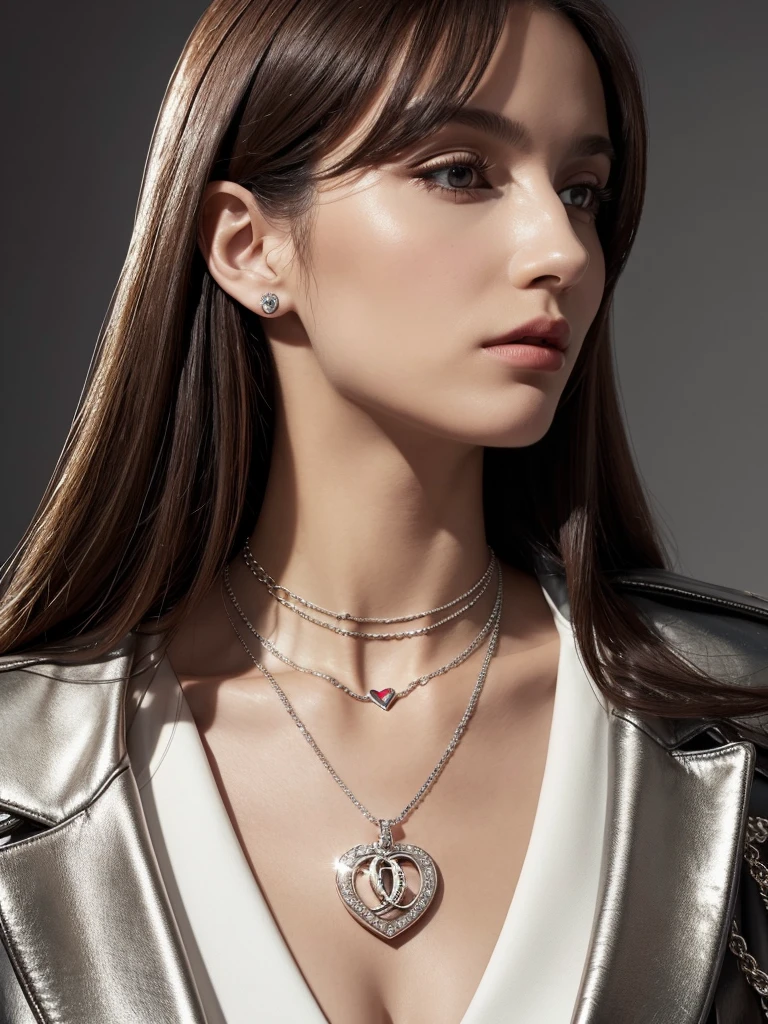 Close-up of a woman wearing a necklace with a chain, By Russette Barker, Emma Andievska, lv jewelry, Official Vogue editorial, Neck Chain, Inspired by Marie-Gabrielle Capet, Silver Jewelry, profile image, In the style of Crom Heart, Wearing many medals, official dior editorial, heather hudson, by Winona Nelson