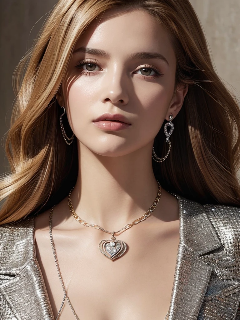 Close-up of a woman wearing a necklace with a chain, By Russette Barker, Emma Andievska, lv jewelry, Official Vogue editorial, Neck Chain, Inspired by Marie-Gabrielle Capet, Silver Jewelry, profile image, In the style of Crom Heart, Wearing many medals, official dior editorial, heather hudson, by Winona Nelson