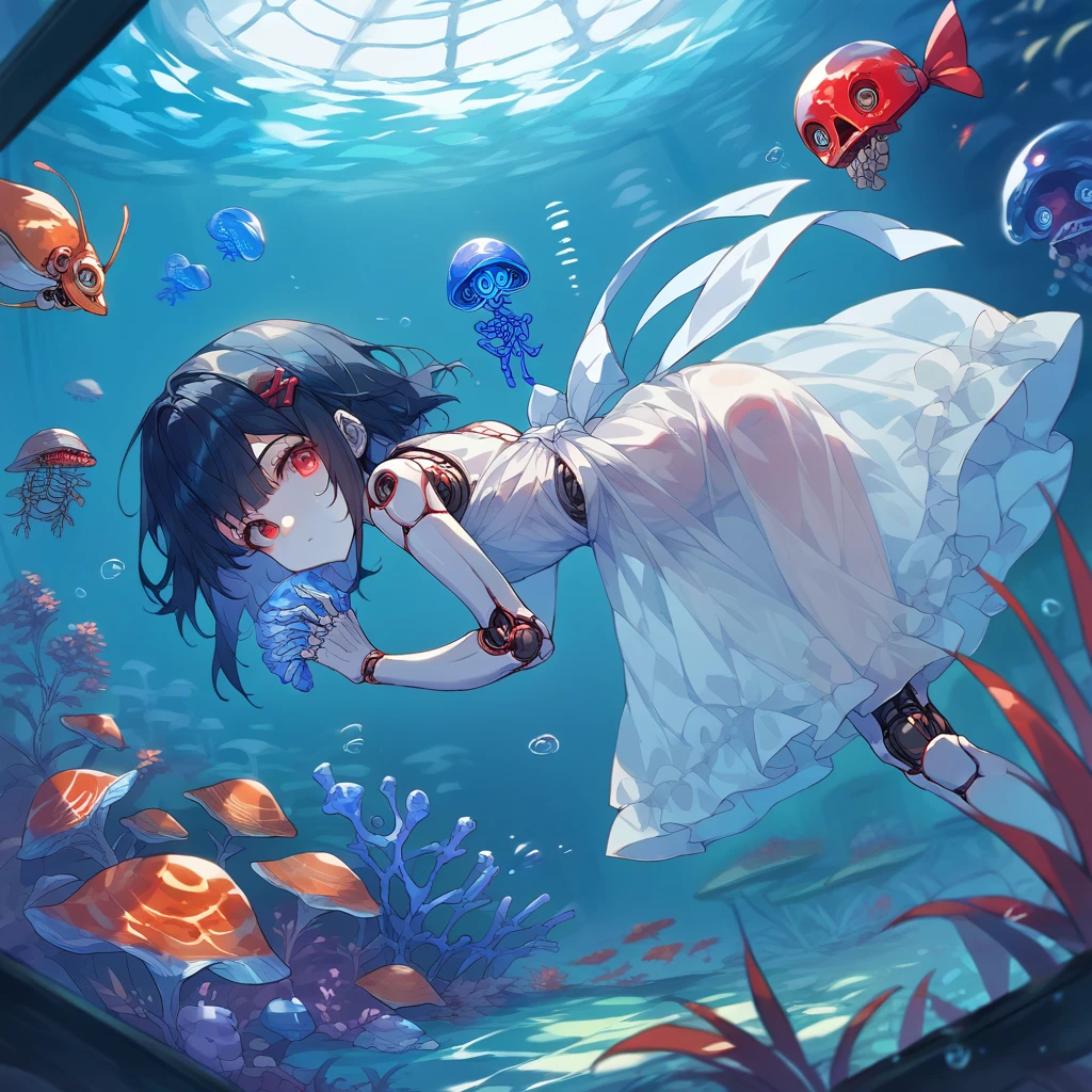 core_9_up, score_8_up, score_7_up, score_6_up, source_anime, 2D、1girl, black hair, red eyes, skeleton body, Translucent dress、骨が見えてる、 blue jellyfish, aquarium, robot joints