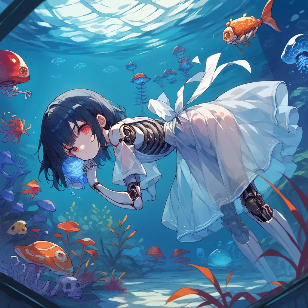 core_9_up, score_8_up, score_7_up, score_6_up, source_anime, 2D、1girl, black hair, red eyes, skeleton body, Translucent dress、骨が見えてる、 blue jellyfish, aquarium, robot joints