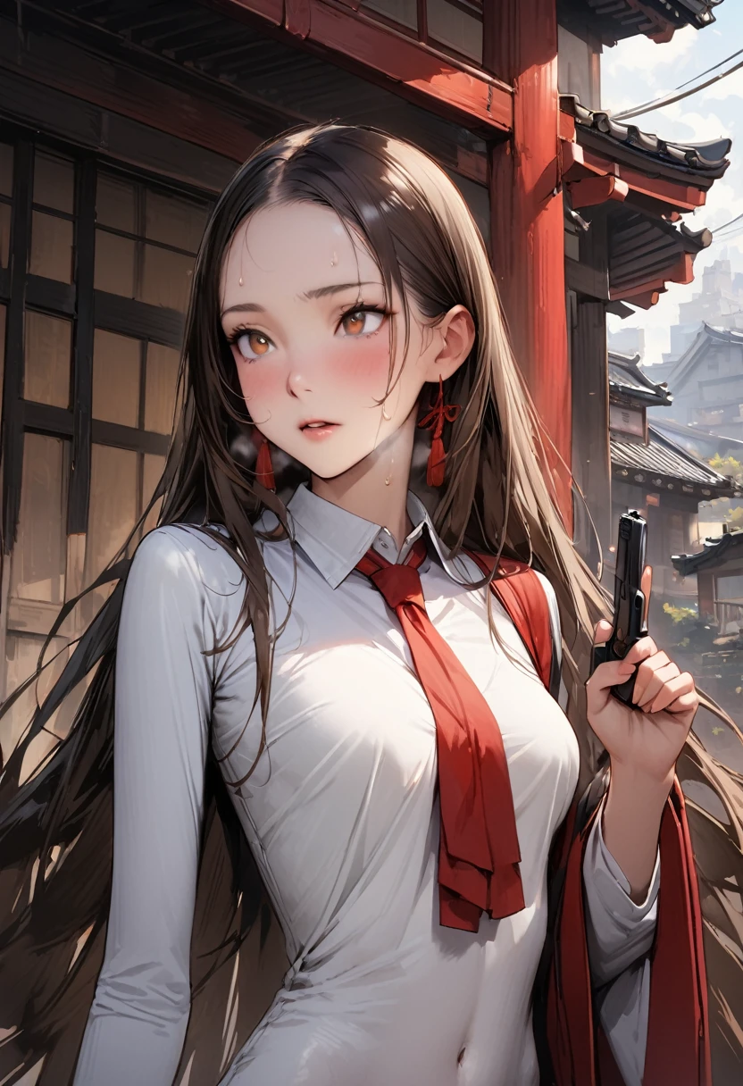 (((masterpiece,Highest quality:1.3,best quality illustration))),(realistic),cowboy shot,独奏,1woman,(18-year-old、Japanese Beauty)、brown hair,long hair,bangs,brown eyes,gorgeous eyes,((very small head:1.3)),Heavy breathing,((very long body:1.2,skinny)),medium breasts,((Red ribbon tie、White collared shirt、Long sleeve、Navy blue pleated neakers,sweat,gleaming skin,toned body,slender body,(Shooting stance、Shoot a gun),Holding a handgun in your hand、Sneakers、Ruined town、at night、Tokyo、Action Scenes、