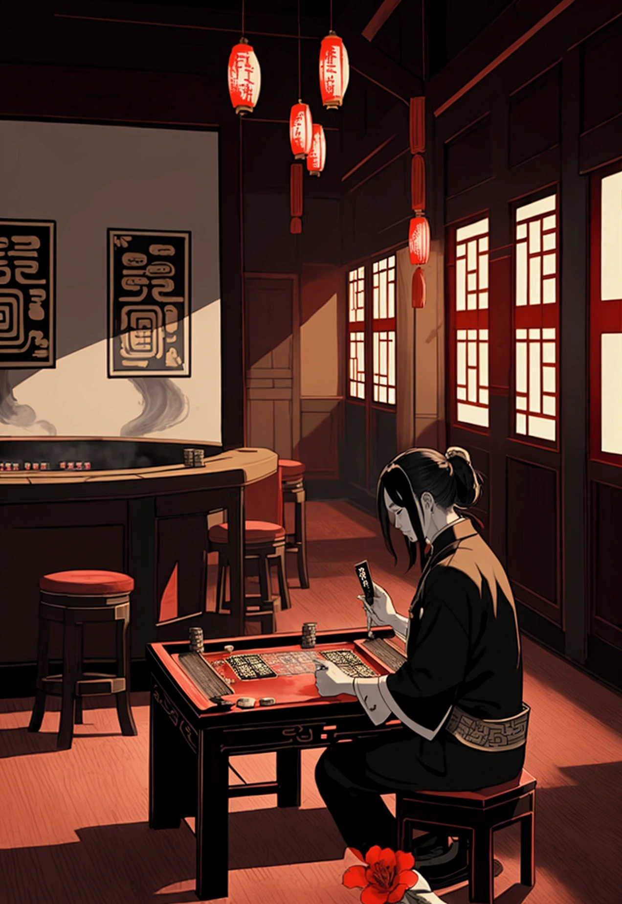 /imagine Ancient Chinese Casino, dawn light, gambler, gloomy atmosphere, ink painting style