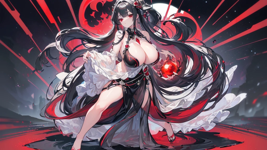 (Exquisite eyes),(Clear and beautiful eyes:1.61),masterpiece, 1 young girl,(Black clothes and some red gems), Black long hair, (She has a huge red gem on her chest), Good Hand,((The Havoc of StarCraft)),full-body shot,Fighting Stance,(Red Eyes:1.466),short and small,(Very big breasts:1.35),(Pretty Face),(full-body shot:1.33),Beautiful hands