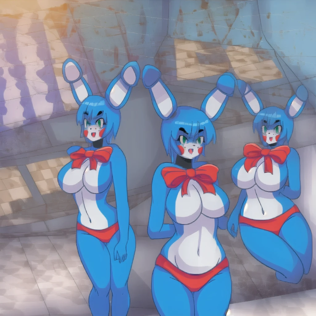 Masterpiece, of the highest quality, highest resolution, perfect modern anime style, 1 girl, Alone, old, SMILE, short hair, Open mouth, large old, bow, animal ears, underwear, green eyes, blue fur, panties, bowtie, rabbit ears, colored skin, top-less, furry, blue skin, furry female, red panties, standing, detailed background, inside, butt, focus on butt, behind sight,