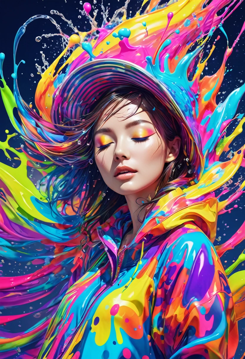 masterpiece,best quality,woman,closed eyes, splashing,abstract,psychedelic,neon outfit),(creative:1.3),sy3,SMM,fantasy00d, ultra clear