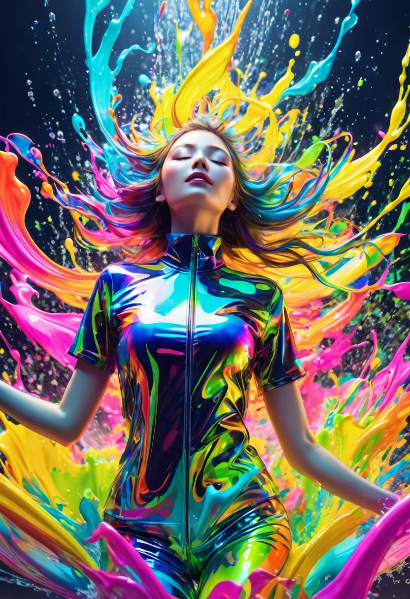masterpiece,best quality,woman,closed eyes, splashing,abstract,psychedelic,neon outfit),(creative:1.3),sy3,SMM,fantasy00d, ultra clear