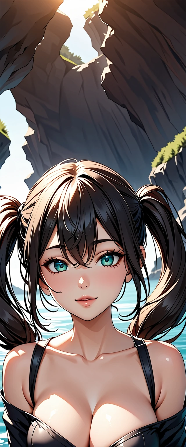 Photo of a woman with natural skin, Seaside cave, The light is shining in, Upper Body, Fair skin, Smiling, High Twintails, Black hair with red mesh, Sharp eyes with red eyeshadow, Blue-green eyes, Shining eyes, A thin, upturned nose, Well-shaped lips, Big Breasts, ((Black off-the-shoulder dress, Thin shoulder straps)), barefoot, Makeup, Exquisitely crafted with the utmost attention to detail, Vibrant, amazing, Smooth, Cinematic, 4K, Backlight, (()), Shallow depth of field, ((Detailed eyes:1.3, Detailed lips:1.3, high quality, )), masterpiece, Super detailed images, High quality