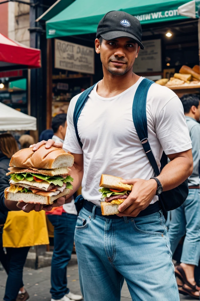 A man holding a sandwich in hand market crowd 