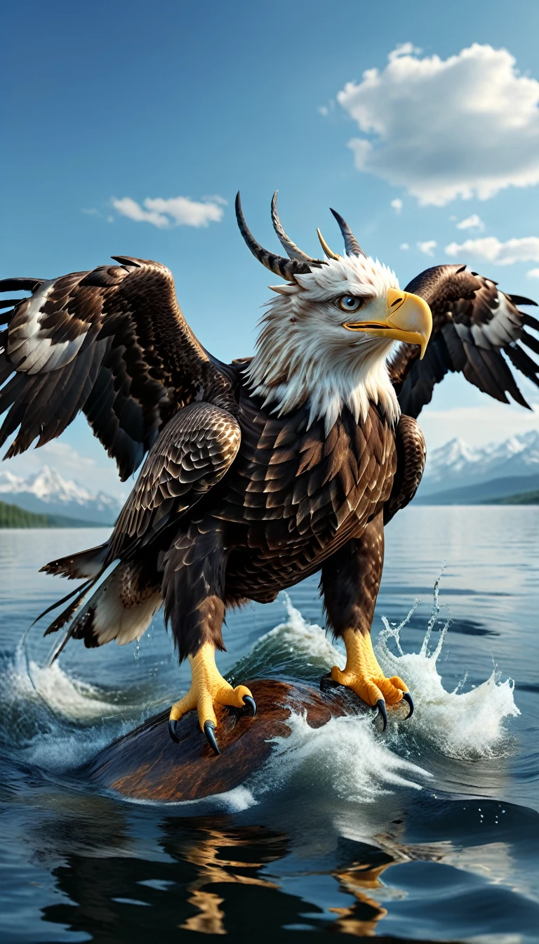 Panorama,There is a beast on the water,Looks like an eagle,The head has double horns(best quality,4K,8K,High level,masterpiece:1.2),Ultra Detailed,(lifelike,Photo real,Photo real:1.37),Highly detailed animals,Complex patterns,Realistic lighting,Fantasy Creatures