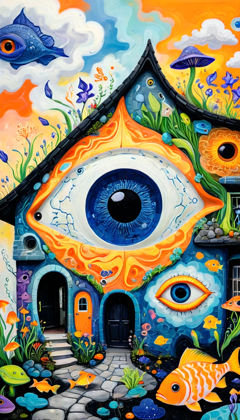 Children's graffiti,Thick coating,Concave and convex texture,Oil pastel strokes:Stone house,Eye,mouth,A cloud、iris、fish、Tentacles、bird、Eye、diatom,Abstract mosaic painting,Describing the inner world of autistic people,Sense of space,White Space,interesting,Innocence,Psychedelic Art,Orange overall