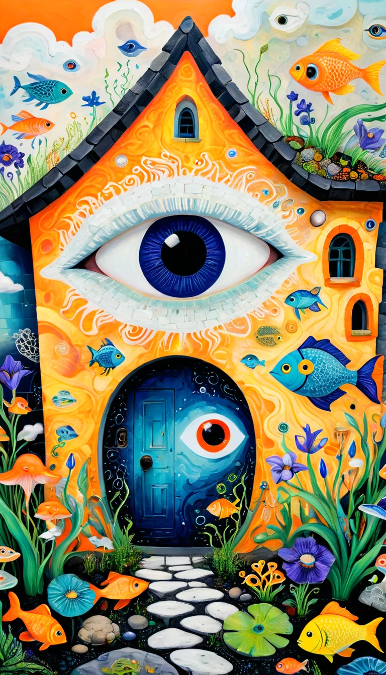 Children's graffiti,Thick coating，Concave and convex texture，Oil pastel strokes：Stone house，Eye，mouth，A cloud、iris、fish、Tentacles、bird、Eye、diatom，Abstract mosaic painting，Describing the inner world of autistic people，Sense of space，White Space，interesting，Innocence，Psychedelic Art，Orange overall