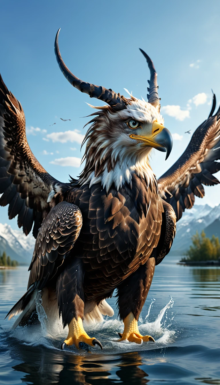 Panorama，There is a beast on the water，Looks like an eagle，The head has double horns（best quality，4K，8K，High level，masterpiece：1.2），Ultra Detailed，（lifelike，Photo real，Photo real：1.37），Highly detailed animals，Complex patterns，Realistic lighting，Fantasy Creatures