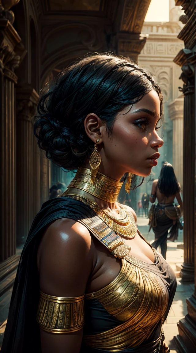 A captivating side view of a cute 16 yo female black teen in (Brown skin, green eyes, wavy short black hair, dressed as mummy. Surprised but defiant, (rising from a sarcophagus) inside a Egyptian museum. A couple of undeads are praising her. in epic fantasy style), obra de arte oficial, escote expuesto, pechos grandes, Calidad superior, muchos detalles, Enfoque Puri Nítido y realista