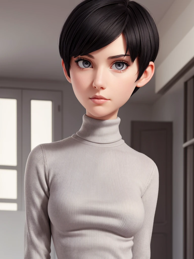 (best quality), 1girl, female, pale skin, (black hair), short hair, pixie cut, straight hair, grey eyes, perfect eyes, slender, tall, turtleneck sweater, stylish, elegant, serious, normal bust, masterpiece, anatomically correct, highres