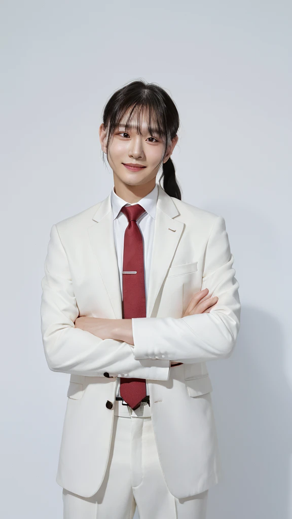 man, face focus, [[[adult]]], business suit, Jacket, white shirt, redtie, pants, frontage, highest quality, adopt, detailed face, simple background、white background、[[[black hair]]]、[[[blackeyes]]]、confident look、Upper body、smile、