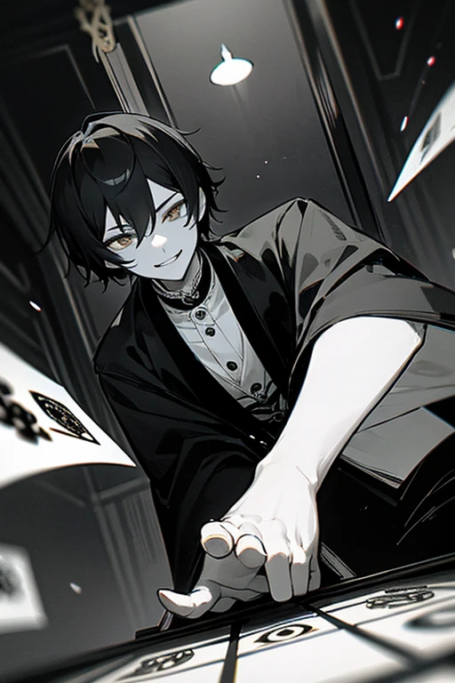Dark Shadows、In a dark room、Monochrome、darkness、solo、male性、male、Short Hair、Golden eyes、adult、Alluring、Chinese style、Black robe、Cool Beauty、Underworld person、Chinese mafia、gambler、gambling maniac、illegal gambling、mad Men、murderer、sex appeal、floating々、Dark Smile、grin、suspicious、Alluring、No highlights in the eyes、Toy、From below
