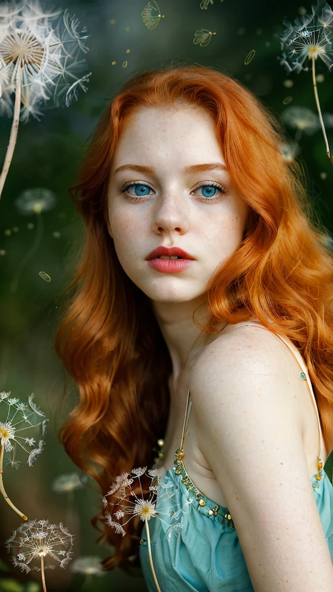 **Analog photography of a redhead girl, 18 years old, with blue eyes, soft makeup, and bold pink puffy lips. Her curly hair frames her very pale skin, highlighting her huge round breasts, she is dressed in a lingerie-set(with gold lacings). orange hair that frame her face**, She is captured on a black-blanket, (her mouth is slightly open, her lips almost touching her shoulder), Ethereal atmosphere, The fine art style, attention to details and soft pastel color palette creates a narrative that's both enchanting and delightful. Second Exposure: An overlay of a dandelion-flowers. Description: ((The double exposure creates a magical blend where the girl appears to be part of the natural dandelion-plant-symbolizing the harmony between humanity and nature. The Chemistry-print background give the image a scientific-like quality)).((CLOSE UP SHOT, WITH HER BOLD PINK LIPS)), ((FROM THE ABOVE VIEW)), ((Image in a Bright and Lush Greens))
