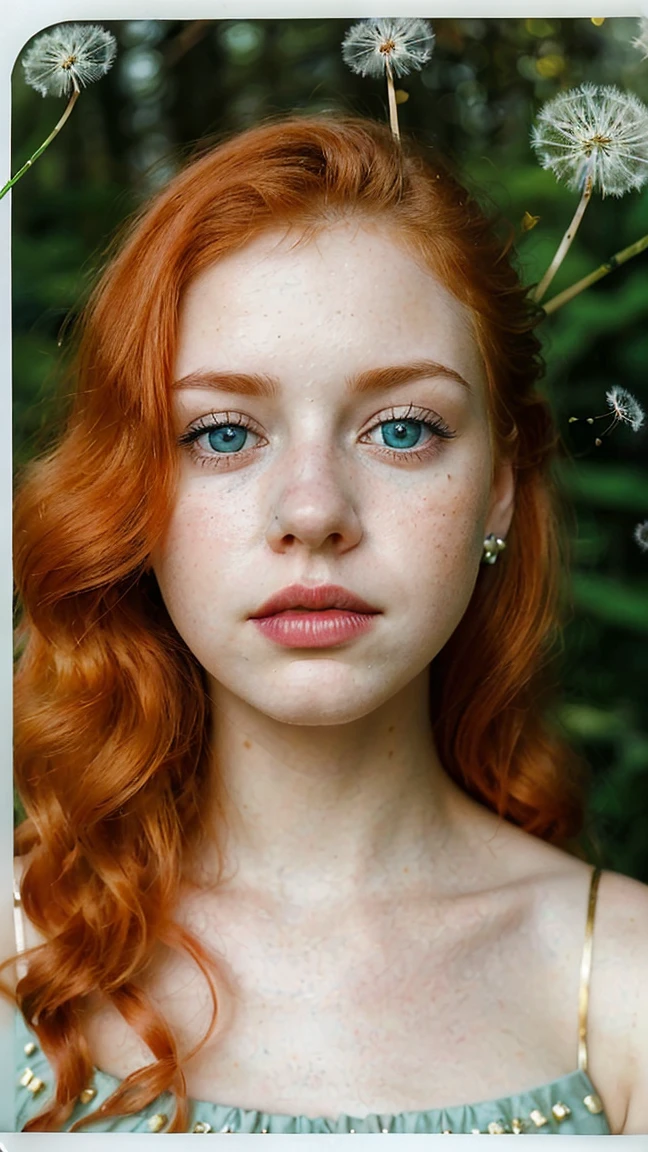 **Analog photography of a redhead girl, 18 years old, with blue eyes, soft makeup, and bold pink puffy lips. Her curly hair frames her very pale skin, highlighting her huge round breasts, she is dressed in a lingerie-set(with gold lacings). orange hair that frame her face**, She is captured on a black-blanket, (her mouth is slightly open, her lips almost touching her shoulder), Ethereal atmosphere, The fine art style, attention to details and soft pastel color palette creates a narrative that's both enchanting and delightful. Second Exposure: An overlay of a dandelion-flowers. Description: ((The double exposure creates a magical blend where the girl appears to be part of the natural dandelion-plant-symbolizing the harmony between humanity and nature. The Chemistry-print background give the image a scientific-like quality)).((CLOSE UP SHOT, WITH HER BOLD PINK LIPS)), ((FROM THE ABOVE VIEW)), ((Image in a Bright and Lush Greens))