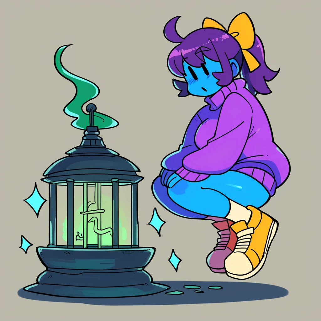 PDXL, score_9_superior, score_8_superior, score_7_superior, Highest quality, masterpiece, sauce_anime, Dark Background, indoor, Dim lighting, Old house, night, Detailed Background, Break 1 Girl, alone, Marina_(/Noil/), Dot Eye, Ghost, Ghost girl, Purple Hair, ponytail, Blue Skin, Blue body, Purple Hair, bow, Purple Sweater, shoes下, shoes, Yellow sneakers, Bottomless, View your viewers, Bobby_(/Noill/), Brown Hair, Pink body, Red sweater, shoes下, Break 1 Boy,