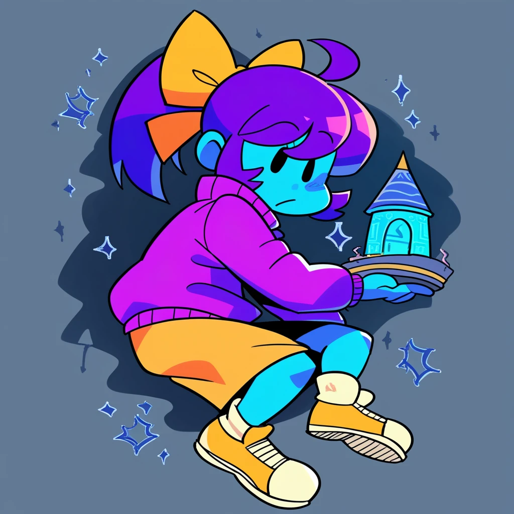 PDXL, score_9_superior, score_8_superior, score_7_superior, Highest quality, masterpiece, sauce_anime, Dark Background, indoor, Dim lighting, Old house, night, Detailed Background, Break 1 Girl, alone, Marina_(/Noil/), Dot Eye, Ghost, Ghost girl, Purple Hair, ponytail, Blue Skin, Blue body, Purple Hair, bow, Purple Sweater, shoes下, shoes, Yellow sneakers, Bottomless, View your viewers, Bobby_(/Noill/), Brown Hair, Pink body, Red sweater, shoes下, Break 1 Boy,