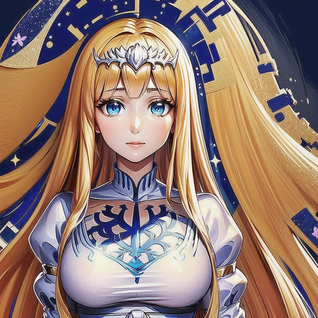 (masterpiece, highest quality, highest quality, Official Art, beautifully、beautiful:1.2), (Fractal Art:1.3),Upper Body, , 1girl,solo, calca, blonde hair, ,( extremely long hair:1.2), very long hair, extra long hair, white tiara, white dress, blue eyes,Calca Bessarez, medium breast,Calca,