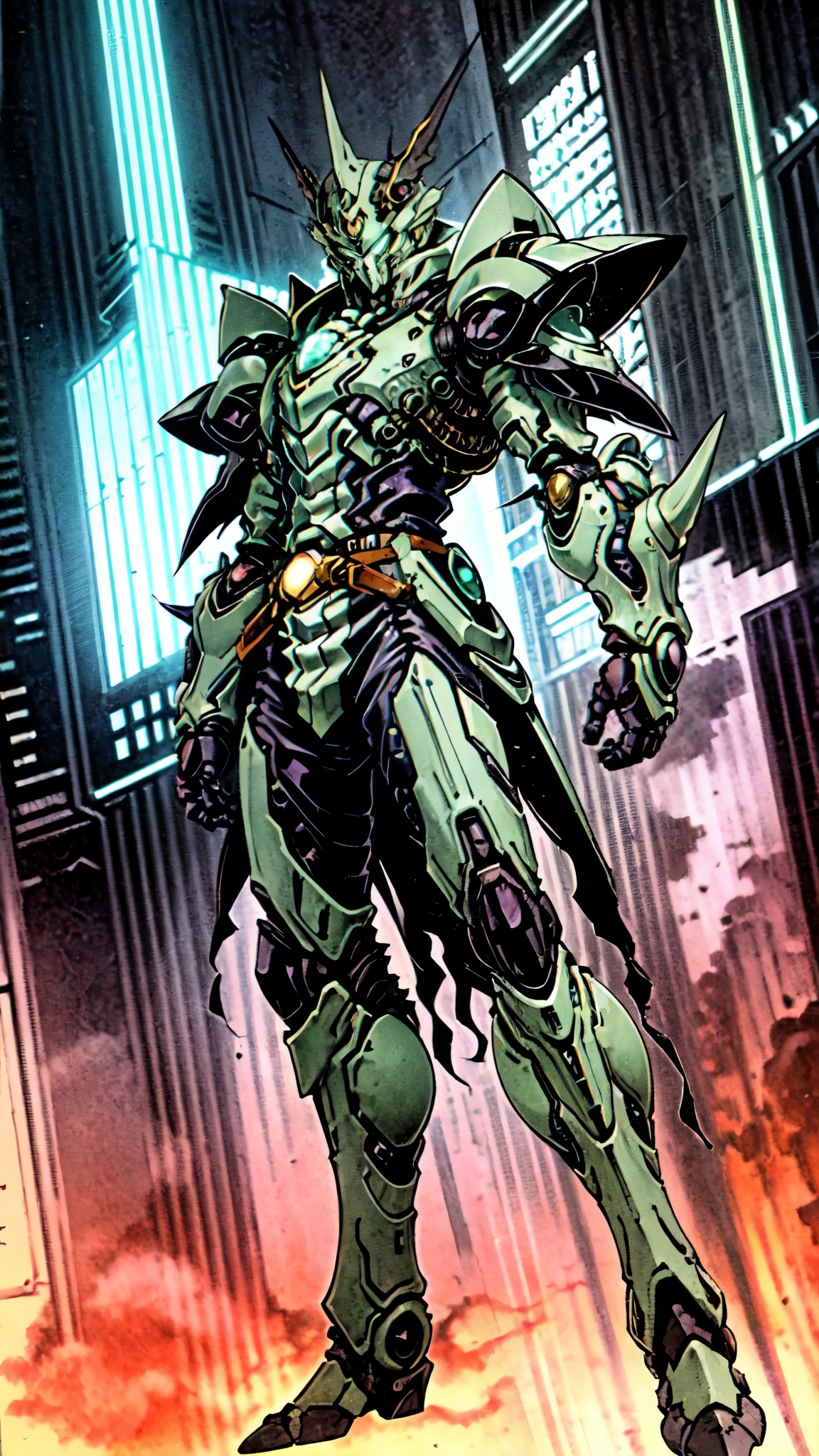 (masterpiece:1.5, best quality:1.5, extremely delicate:1.5, foreshortening:1.5, dynamic angle:1.5), a man wearing a full-face helmet, a fantasy-style biotech armored combat suit, green eyes, (a composite layered chest armor), fully enclosed shoulder guards, matching arm and leg guards, the belt is adorned with neon circuitry, (the color scheme is primarily black with green white accents), the design balances heavy with agility, a high-tech bio-mecha armor, (Armor Concept Inspired by neon Cyberpunk, stand on the top of a skyscraper in a futuristic sci-fi city), this character embodies a finely crafted fantasy-surreal style armored hero in anime style, exquisite and mature manga art style, (element, plasma, energy, the armor glows), ((male:1.5)), metallic, high definition, highres, ultra-detailed, ultra-fine painting, professional, perfect body proportions, golden ratio, anatomically correct, symmetrical face, extremely detailed eyes and face, high quality eyes, creativity, RAW photo, UHD, 32k, Natural light, cinematic lighting, masterpiece-anatomy-perfect