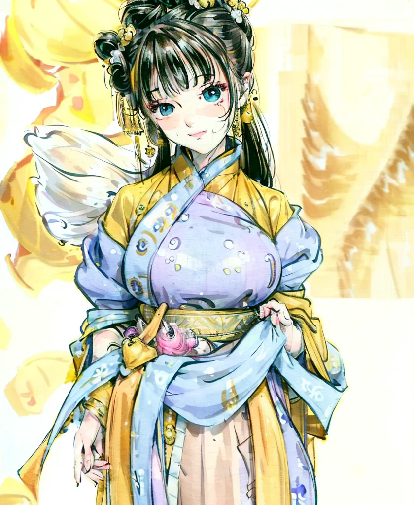 (ultra high res,photorealistic,realistic,best quality,photo-realistic),
(high detailed skin,visible pores),(real person,photograph),
(((yellow hanfu,chinese style))),realistic,simple background,upper body,
(8k, raw photo, best quality, masterpiece),(1 girl),photon mapping, radiosity, physically-based rendering,automatic white balance,(((haunting smile,long hair))),watery eyes,
(blush|cute and playful|adorable|skinny|thick bangs|beauty|twintail|hair bun,),(looking at viewer),(irises and pupils are rounded,the pupil reflects the surroundings,eyes are not the same size),