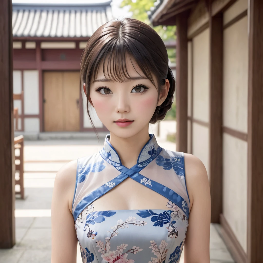 (((photorealistic))), ((realistic)), (ultra high definition), best quality, masterpiece, ray tracing, japanese female, ((super fine face)), 1 girl, cheongsam, upper body, looking at viewer, front view