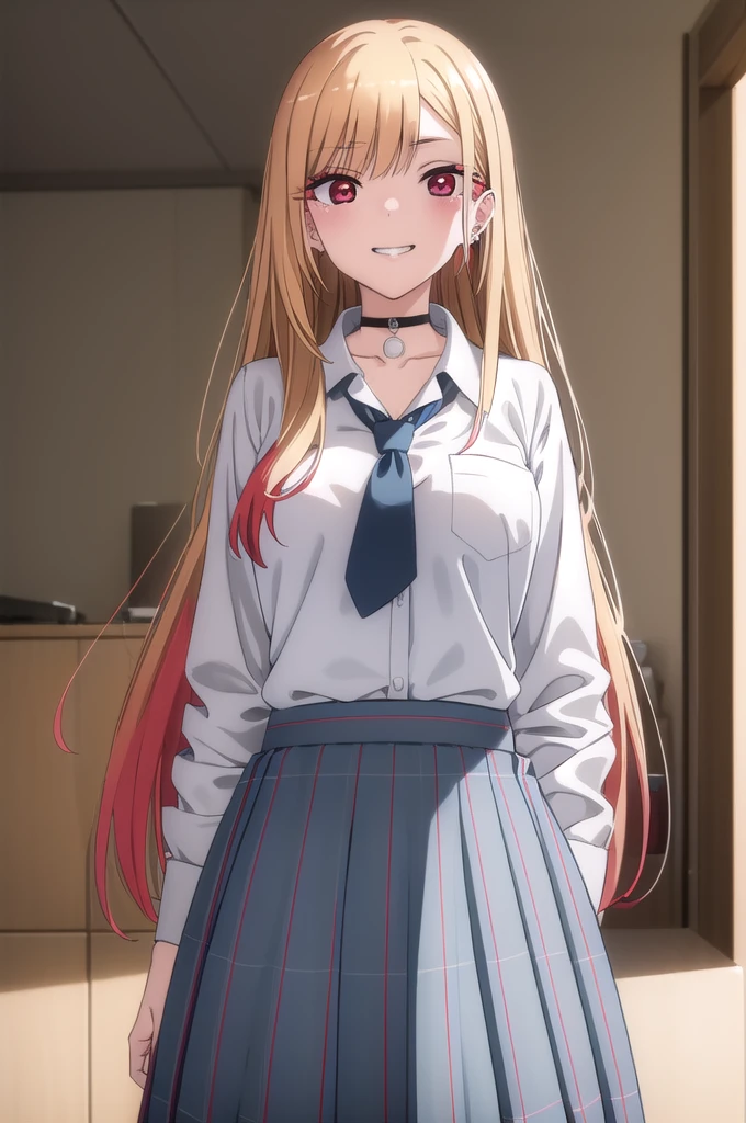 This passage, Marine Kitagawa, Long Hair, bangs, Blonde, (Red eyes:1.5), Multicolored Hair, smile, Grin, break skirt, shirt, jewelry, , white shirt, Pleated skirt, Earrings, tie, choker, Brescre,Big Breasts,Sexy full-body body, Blue Skirt, Plaid, black choker, Plaid skirt, break indoors, classroom, break looking at viewer, (Cowboy Shot:1.5), break (masterpiece:1.2), Highest quality, High resolution, unity 8k wallpaper, (figure:0.8), (Beautiful attention to detail:1.6), Highly detailed face, Perfect lighting, Highly detailed CG, (Perfect hands, Perfect Anatomy),