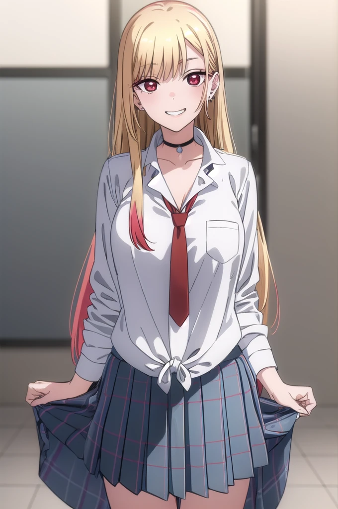 This passage, Marine Kitagawa, Long Hair, bangs, Blonde, (Red eyes:1.5), Multicolored Hair, smile, Grin, break skirt, shirt, jewelry, , white shirt, Pleated skirt, Earrings, tie, choker, Brescre,Big Breasts,Sexy full-body body, Blue Skirt, Plaid, black choker, Plaid skirt, break indoors, classroom, break looking at viewer, (Cowboy Shot:1.5), break (masterpiece:1.2), Highest quality, High resolution, unity 8k wallpaper, (figure:0.8), (Beautiful attention to detail:1.6), Highly detailed face, Perfect lighting, Highly detailed CG, (Perfect hands, Perfect Anatomy),