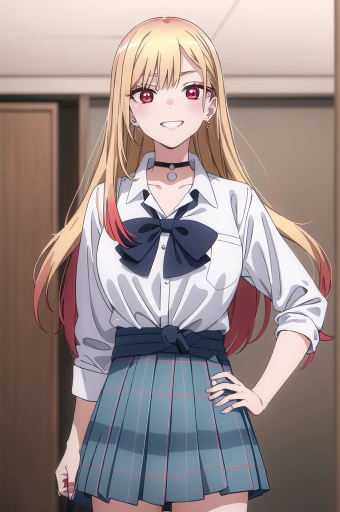 This passage, Marine Kitagawa, Long Hair, bangs, Blonde, (Red eyes:1.5), Multicolored Hair, smile, Grin, break skirt, shirt, jewelry, , white shirt, Pleated skirt, Earrings, tie, choker, Brescre,Big Breasts,Sexy full-body body, Blue Skirt, Plaid, black choker, Plaid skirt, break indoors, classroom, break looking at viewer, (Cowboy Shot:1.5), break (masterpiece:1.2), Highest quality, High resolution, unity 8k wallpaper, (figure:0.8), (Beautiful attention to detail:1.6), Highly detailed face, Perfect lighting, Highly detailed CG, (Perfect hands, Perfect Anatomy),