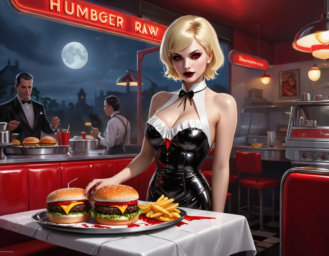 a 3D digital painting picture of extremely (beautiful female vanpire:1.3) ((serving a big juicy raw hamburger: 1.3)) on a tray, dripping blood in a goth American diner, an exquisite beautiful female (vampire:1.3), (full body: 1.3) ultra feminine ultra detailed face, blond hair, short hair, red lips, red eyes, glowing eyes, wearing  glamour white seductive latex dress, serving a goth diner American kitchen background, full body dynamic angle, , award winning, best quality, high quality, high details, highres, vibrant, Ultra-high resolution, High Contrast, (masterpiece:1.5), highest quality, Best aesthetics, best details, best quality, highres, ultra wide angle, 16k, [ultra detailed], masterpiece, best quality, photorealistic, 3D rendering, Cinematic Hollywood Film, chumbasket art style