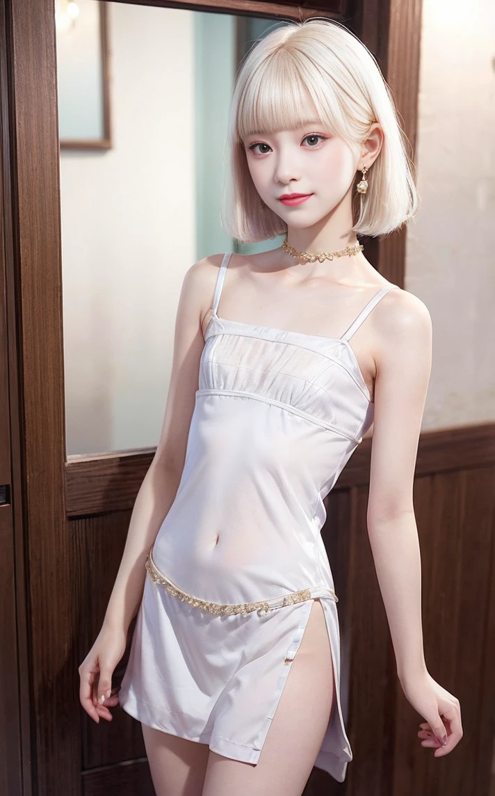 ((masterpiece:1.2、Highest quality、Tmasterpiece))、1 female、alone、classroom、Day、(Korean Idol:1.2)、(Are standing:1.4)、blonde、(Hime Hair:1.4)、Wavy Hair,Beautiful legs、((Princess Dress:1.4))、(Beautiful white skin:1.4)、(Small breasts:1.5)、Hoop Earrings、lipstick、Ring Choker、blush、smile、Covered breasts、(Thick lips:1.2)、Detailed body、Very detailed絵画, Luminism、4K resolution、3D Rendering、Exquisitely crafted , Cinematic、Realistic、Hit definition、Abstract Beauty、Approaching perfection, Pure Form, Golden Ratio、Very detailed, Digital photography, Soft natural light, 50mm lens, F1.8 Vacancies、blush、Small face、(Tight waist:1.3),(albino:1.5),(anorexia:1.3),(Sickly:1.2),(Face close-up:1.4),(Short Bob:1.2),(Cabaret Club:1.2)、smile