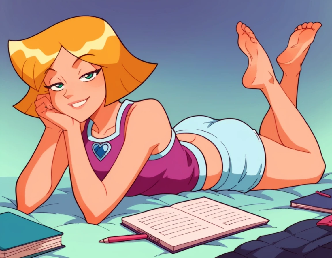 Clover, totally spies, blonde, short hair, laying on stomach, bed, bare shoulders, skirt, feet, notebook, looking at viewer, smile, half-closed eyes