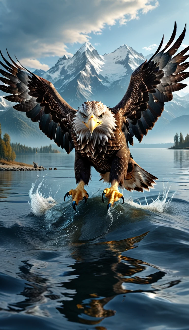 Panorama,There is a beast on the water,Looks like an eagle,The head has double horns(best quality,4K,8K,High level,masterpiece:1.2),Ultra Detailed,(lifelike,Photo real,Photo real:1.37),Highly detailed animals,Complex patterns,Realistic lighting,Fantasy Creatures