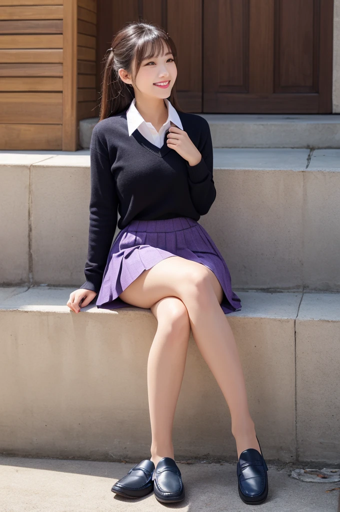 masterpiece, Highest quality, Ultra high definition, One girl, White shirt, Neck ribbon, Short or long sleeves, Pleated skirt, black pantyhose かしton, smile, Purple Lipstick、saliva, Micro Match、(half:1.3), Wide Hips, Thick thighs, (Thigh Gap:1.2), Big Ass, (shaving、1 Girl, whole body,look up:1.4）Wearing loafers、