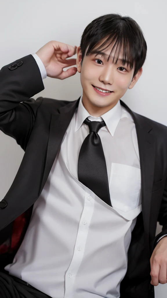 man, face focus, [[[adult]]], business suit, Jacket, white shirt, redtie, pants, frontage, highest quality, adopt, detailed face, simple background、white background、[[[black hair]]]、[[[blackeyes]]]、confident look、Upper body、smile、