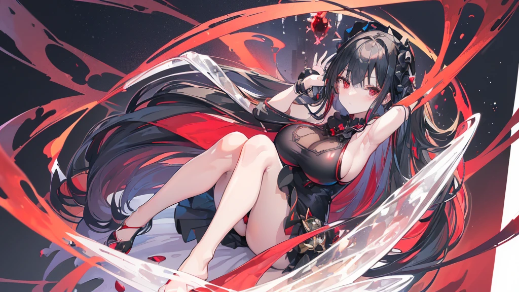 (Exquisite eyes),(Clear and beautiful eyes:1.61),masterpiece, ung girl,(Black clothes and some red gems), Black long hair, (She has a huge red gem on her chest), Good Hand,((The Havoc of StarCraft)),full-body shot,Fighting Stance,(Red Eyes:1.466),short and small,(Very big 5),(Pretty Face),(full-body shot:1.33),Beautiful hands