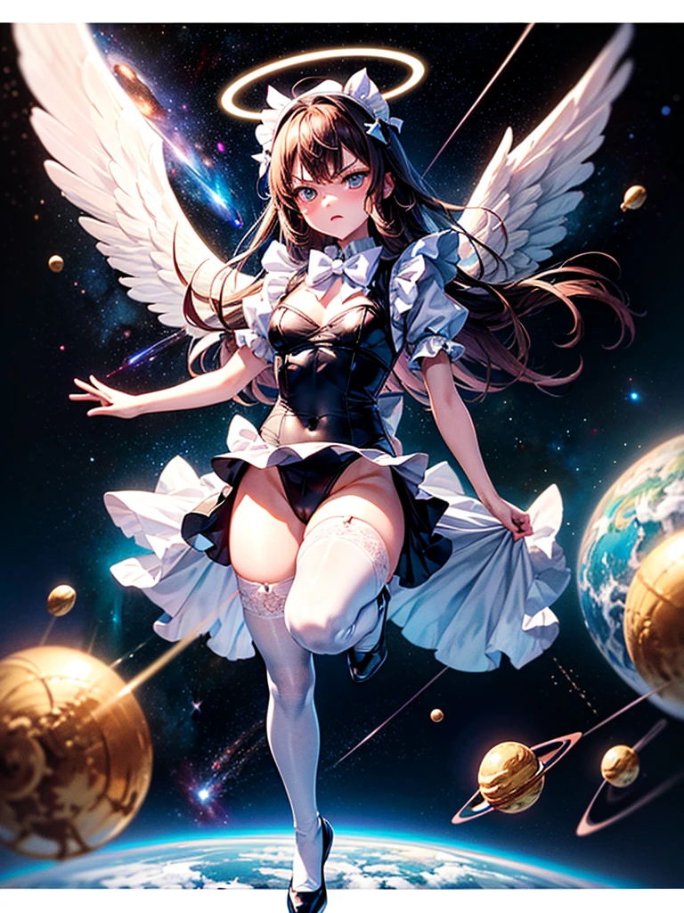 Highest quality,Highest Resolution,Beautiful girl with angry face in maid leotard,Frills,High leg,(((Floating in the air))),Halo,(((universe space))),Milky Way,meteor,Very beautiful eyes,(((White angel wings on the back))),whole body,long hair,(((Shoot a bow))),Knee-high stockings,Floating in the air,