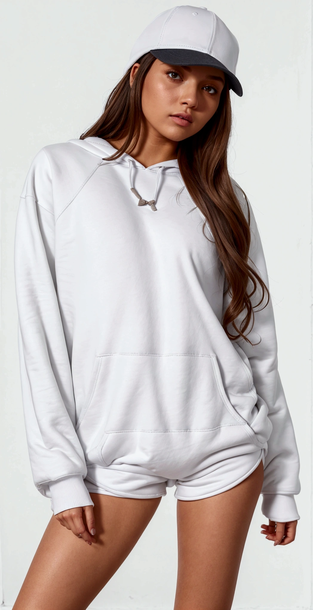 a woman wearing a white sweatshirt and shorts with a baseball cap, light gris, wearing sweatshirt, gris, gris sweater, casual white clothes, designed for a cozy aesthetic!, casual outfit, white sweater, white and gris, plain and ??????????? suit, close up details, wearing a gris hooded sweatshirt, long sleeves, Moletom gris, gris clothes, full of detail