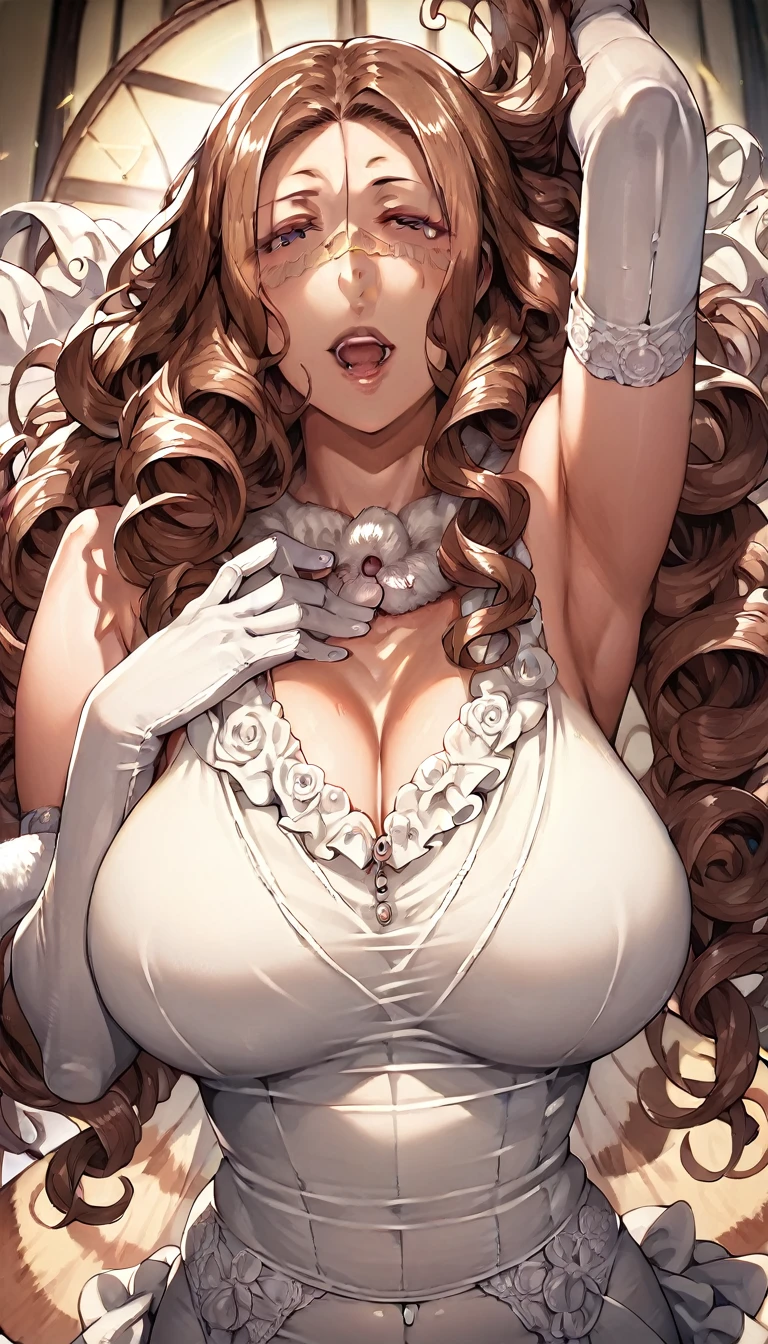 Kyouka Tachibana - Tachibana-san-chi no Dansei Jijou Matome Ban - PonyXL 1milf, mature female, mothely, seductive fat body, brown hair, open mouth, detailed face, (Flowing hair:1.2), (Best quality:1.5), beautiful, A woman is lying on the bed. (Masterpiece), Sexy, A voluptuous and sexy body, solo, full body, On the bed, lying, nsfw, looking at the viewer, large breasts, sexy, erotic, cleavage, thighs, crotch, (pov, from the front view), mature bride, wedding dress, (white stockings, white garter belt), (white lace elbow gloves), breasts visible, vagina visible, nipple, vagina, detailed female body, arm up, Spreads legs