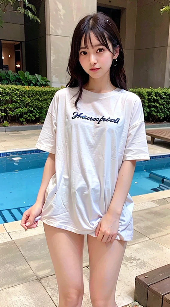 (Oversized_Shirt:1.2)、Oversized_Shirt、
Good Hand、4K、hight resolution、​masterpiece、top-quality、((Hasselblad photo))、foco nítido、(cinematlic lighting)、beautiful  lighting、dynamic ungle、Resort Hotel Pool、[:(Detail Face:1.2):0.2]、Short women、sixteen years old、Attractive paws、Emphasis on the thighs、slightly thicker thighs、Beautiful legs