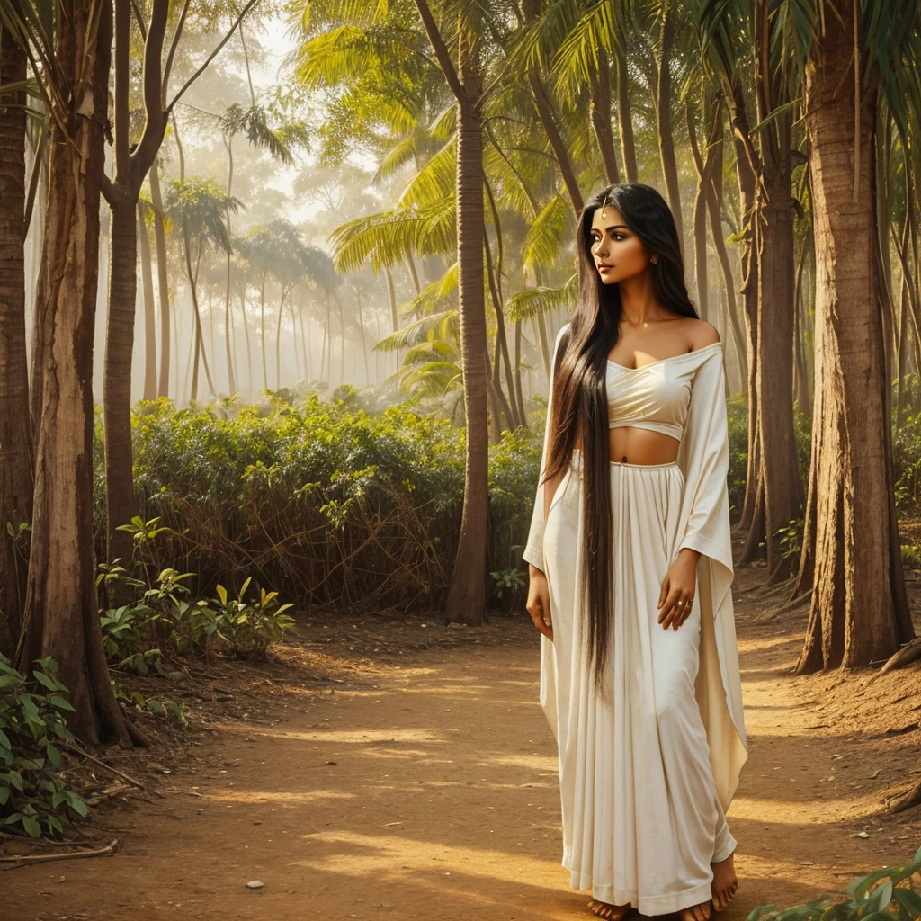 A oil painting depicting a grove in India. an extremely beautiful woman of ancient India with a minimalistic appearance, is standing with her hair flowing over her shoulders.in off-white robes.Raja Ravi Varma style