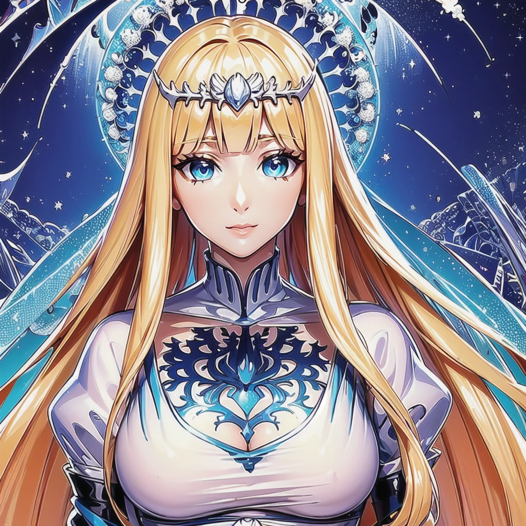 (masterpiece, highest quality, highest quality, Official Art, beautifully、beautiful:1.2), (Fractal Art:1.3),Upper Body, , 1girl,solo, calca, blonde hair, ,( extremely long hair:1.2), very long hair, extra long hair, white tiara, white dress, blue eyes,Calca Bessarez, medium breast,Calca,