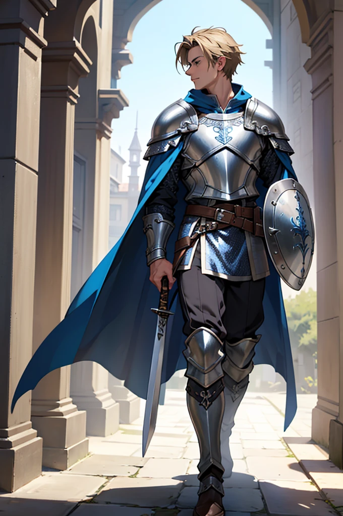 **character description: Young Squire**
**front view:**
name: Arthur de Valmont Age: 17 years old Appearance:
- Arthur is a tall and slender young man, with about 1,80m tall and athletic.
- Your hair is light brown, short and a little disheveled, typical of someone who spends a lot of time in training.
- His eyes are deep green, shining with determination and a touch of youthful naivety.
- Your face is still slightly , but the lines of seriousness and responsibility begin to form.
outfit:
- He wears fitted chainmail, shining in the sunlight, reinforced with steel plates on the shoulders, breastplate and greaves.
- About chain mail, wears a blue and white tabard, the colors of your home, with the Valmont coat of arms embroidered on the chest.
- Wears a short cape secured by a silver lion-shaped brooch, symbol of strength and courage.
- His boots are made of reinforced leather, used but well cared for, indicating experience in combat and long journeys.
Fixtures:
- Holds a large oval battle shield, almost your size, with the family coat of arms painted in bright colors. The shield shows signs of use, with scratches and combat marks.
- At the waist, carries a long sword, simple but effective, with leather-wrapped handle for better grip.
- He has a dagger stuck to the side of his right leg, for emergencies or hand-to-hand combat.
**side view:**
- Sideways, Artur displays his slender silhouette and firm posture. Chainmail and steel plates mold to your body, allowing mobility and protection.
- The battle shield is seen in profile, highlighting its width and the way it is held firmly by the left arm.
- The profile shows the steel plates on the shoulders and the helmet, which has a raised visor, revealing your determined face.
- His longsword hangs on the left side, and the short cape flows smoothly with your movements, without disturbing your quick and precise steps.
- Reinforced leather boots reveal