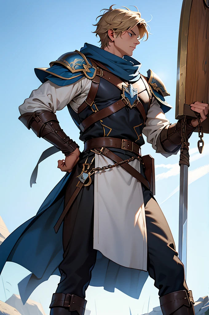 character description: Young Squire
front view:
name: Arthur de Valmont Age: Appearance:
- Arthur is a tall and slender young man, with about 1,80m tall and athletic.
- Your hair is light brown, short and a little disheveled, typical of someone who spends a lot of time in training.
- His eyes are deep green, shining with determination and a touch of youthful naivety.
- Your face is still slightly , but the lines of seriousness and responsibility begin to form.
outfit:
- He wears fitted chainmail, shining in the sunlight, reinforced with steel plates on the shoulders, breastplate and greaves.
- About chain mail, wears a blue and white tabard, the colors of your home, with the Valmont coat of arms embroidered on the chest.
- Wears a short cape secured by a silver lion-shaped brooch, symbol of strength and courage.
- His boots are made of reinforced leather, used but well cared for, indicating experience in combat and long journeys.
Fixtures:
- Holds a large oval battle shield, almost your size, with the family coat of arms painted in bright colors. The shield shows signs of use, with scratches and combat marks.
- At the waist, carries a long sword, simple but effective, with leather-wrapped handle for better grip.
- He has a dagger stuck to the side of his right leg, for emergencies or hand-to-hand combat.
side view:
- Sideways, Artur displays his slender silhouette and firm posture. Chainmail and steel plates mold to your body, allowing mobility and protection.
- The battle shield is seen in profile, highlighting its width and the way it is held firmly by the left arm.
- The profile shows the steel plates on the shoulders and the helmet, which has a raised visor, revealing your determined face.
- His longsword hangs on the left side, and the short cape flows smoothly with your movements, without disturbing your quick and precise steps.
- Reinforced leather boots reveal