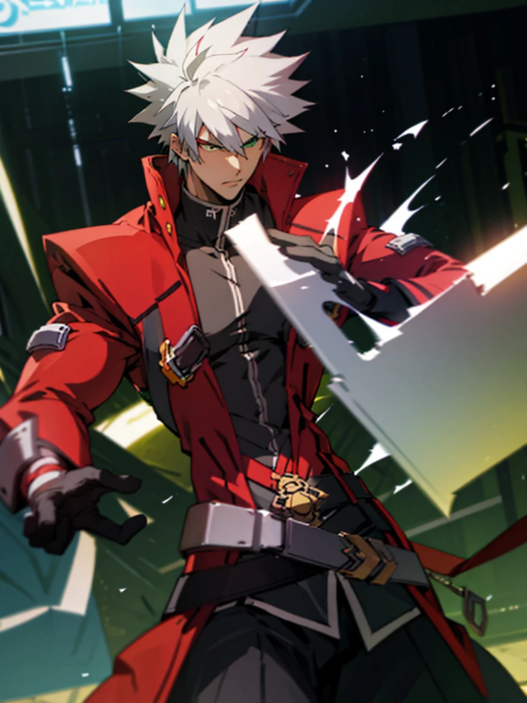 (masterpiece, best quality:1.2), 1boy, solo, bara, penis, muscular, erection, biceps, fullbody, large pectorals, big muscles, thick, ragna the bloodedge, red eyes, green eyes, heterochromia, white hair, short hair, spiked hair, 1boy, red jacket, open jacket, black shirt, belt, black gloves, black hakama